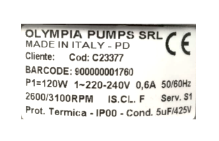 OLYMPIA POMPA COD:23377 P1:120W 0,6 A (P2)
